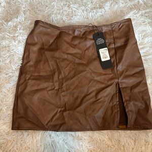 Fashion Nova Brown Faux Leather Mini Skirt with Front Slit